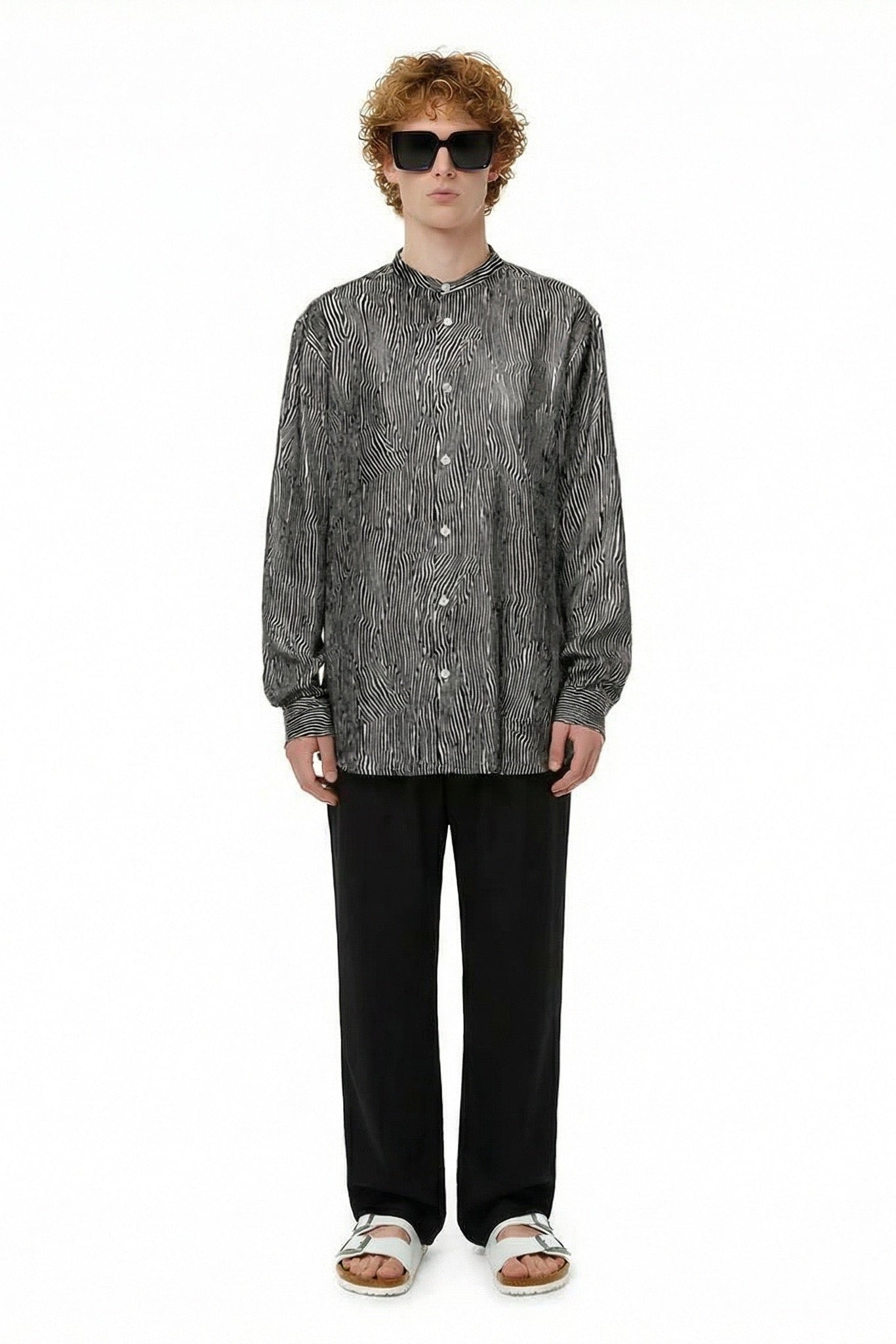 SLIM GRANDAD 2 SHIRT BENT STRIPE BLACK