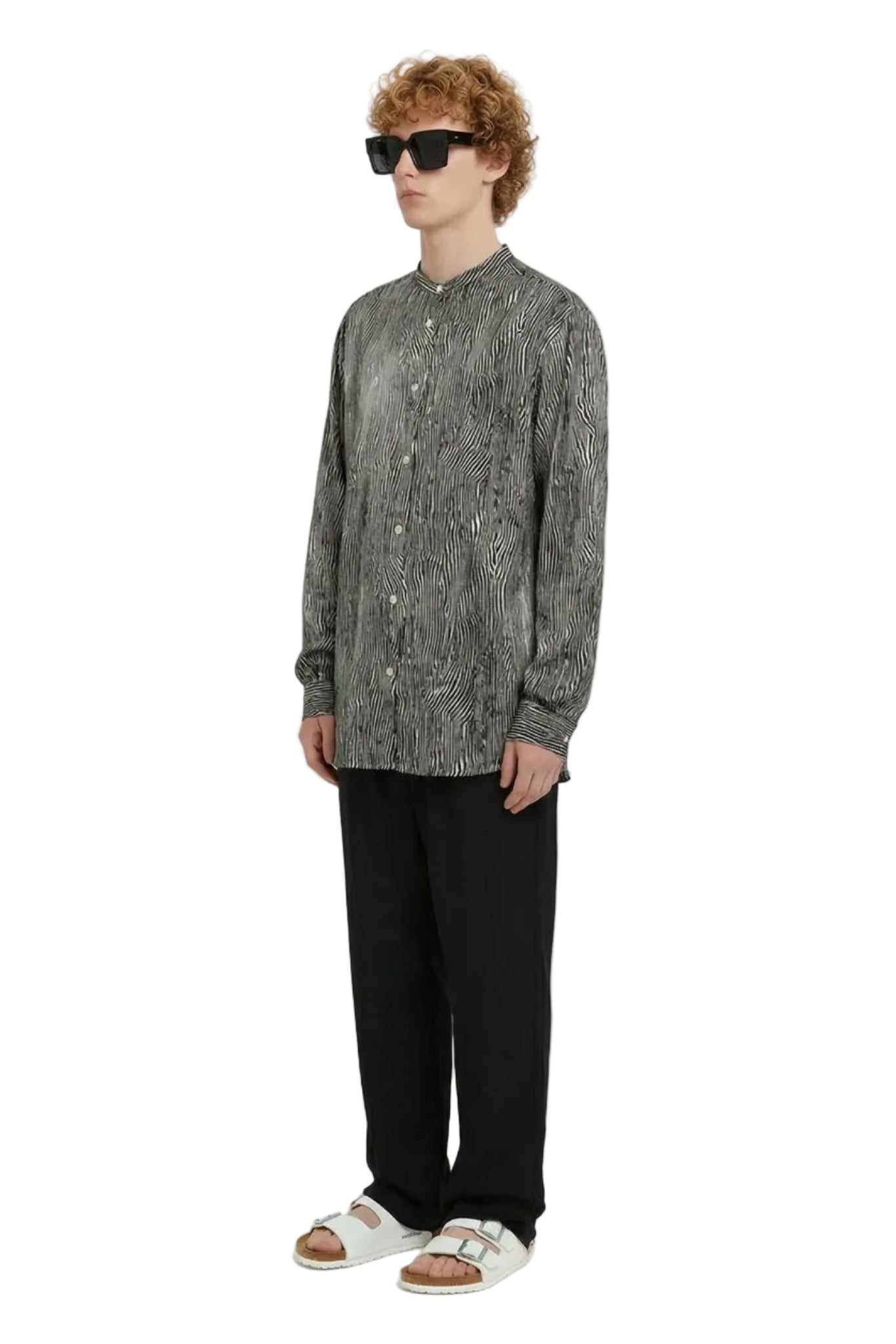 SLIM GRANDAD 2 SHIRT BENT STRIPE BLACK