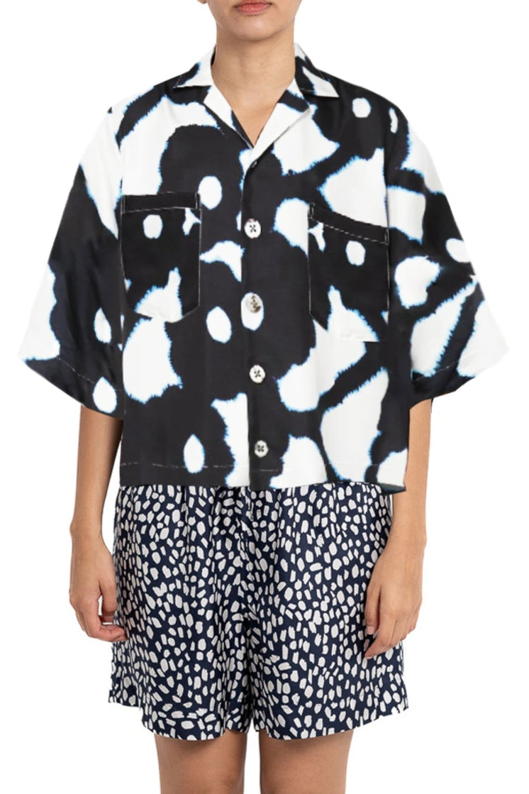 CROPPED HAWAIIAN SHIRT Bleeding Flowers Ecrublack