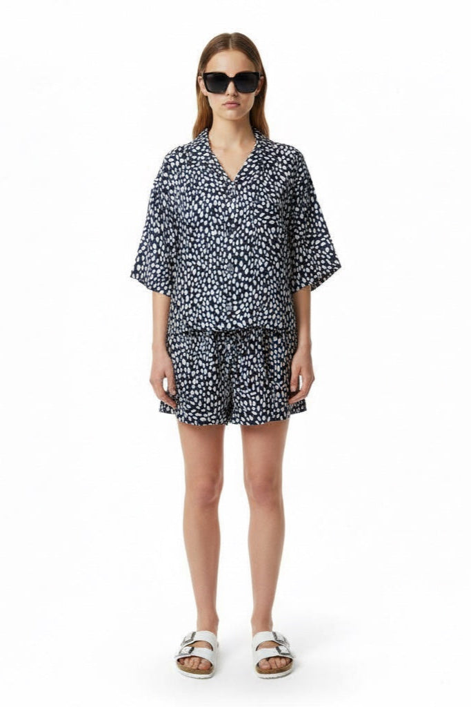 CROPPED HAWAIIAN SHIRT Cheetah Dots Navy